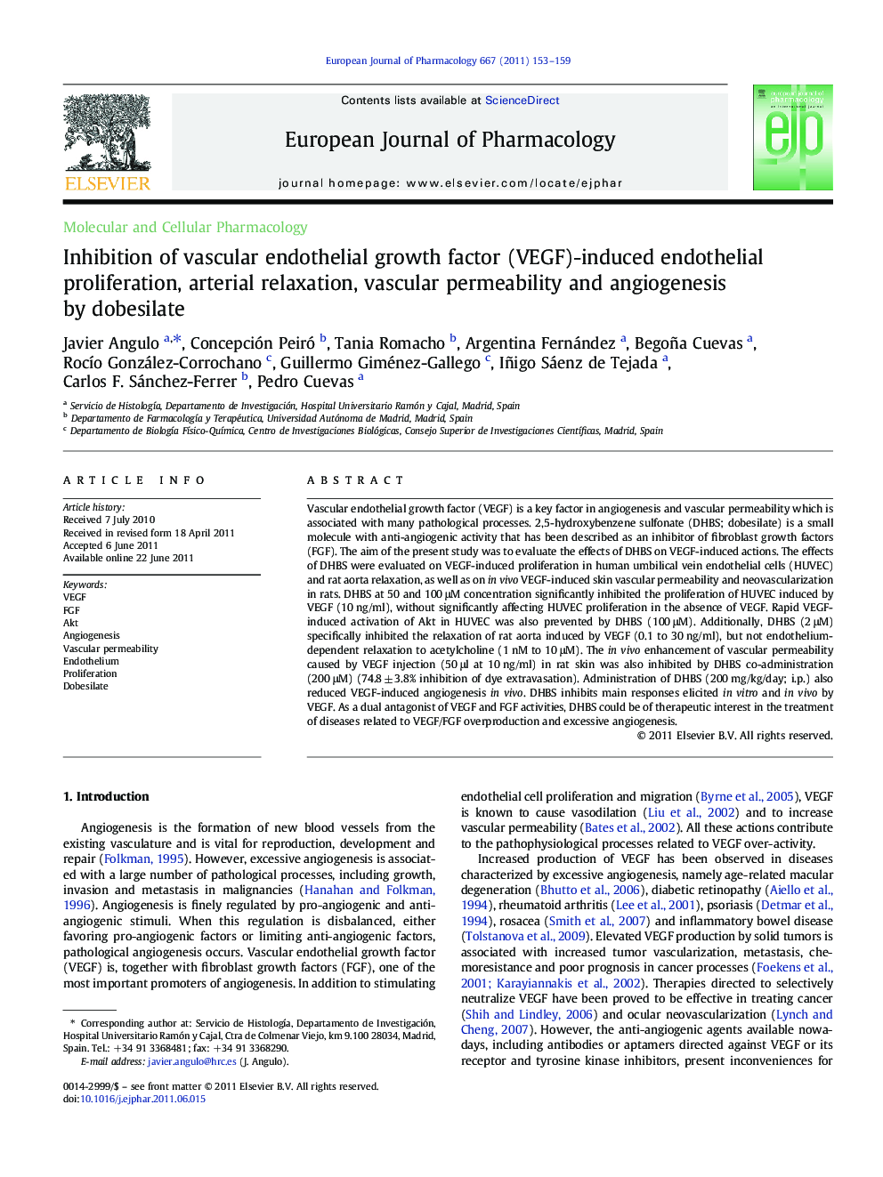 Inhibition of vascular endothelial growth factor (VEGF)-induced endothelial proliferation, arterial relaxation, vascular permeability and angiogenesis by dobesilate