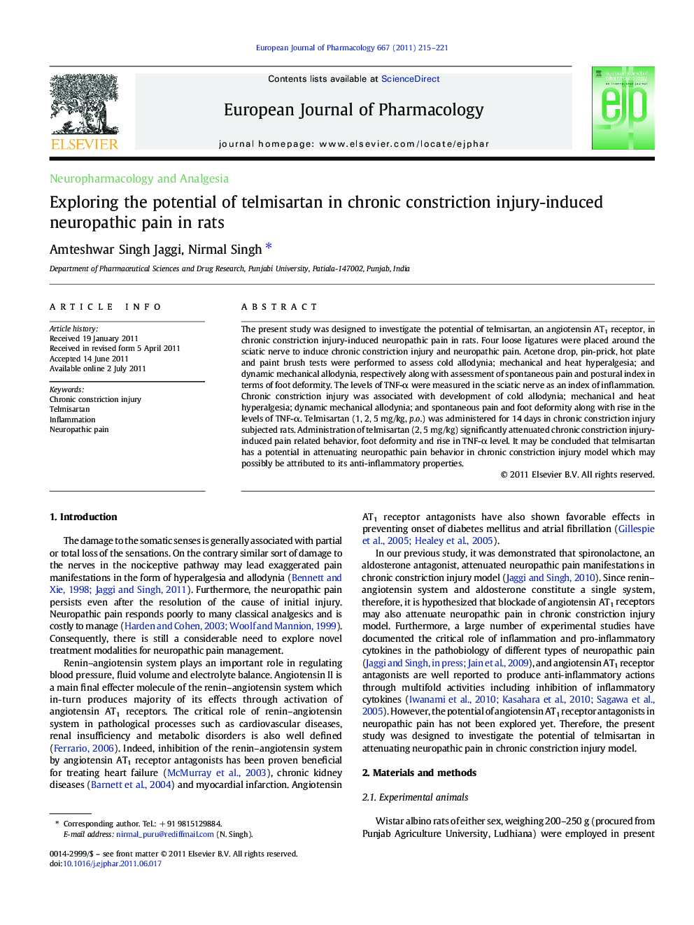 Exploring the potential of telmisartan in chronic constriction injury-induced neuropathic pain in rats