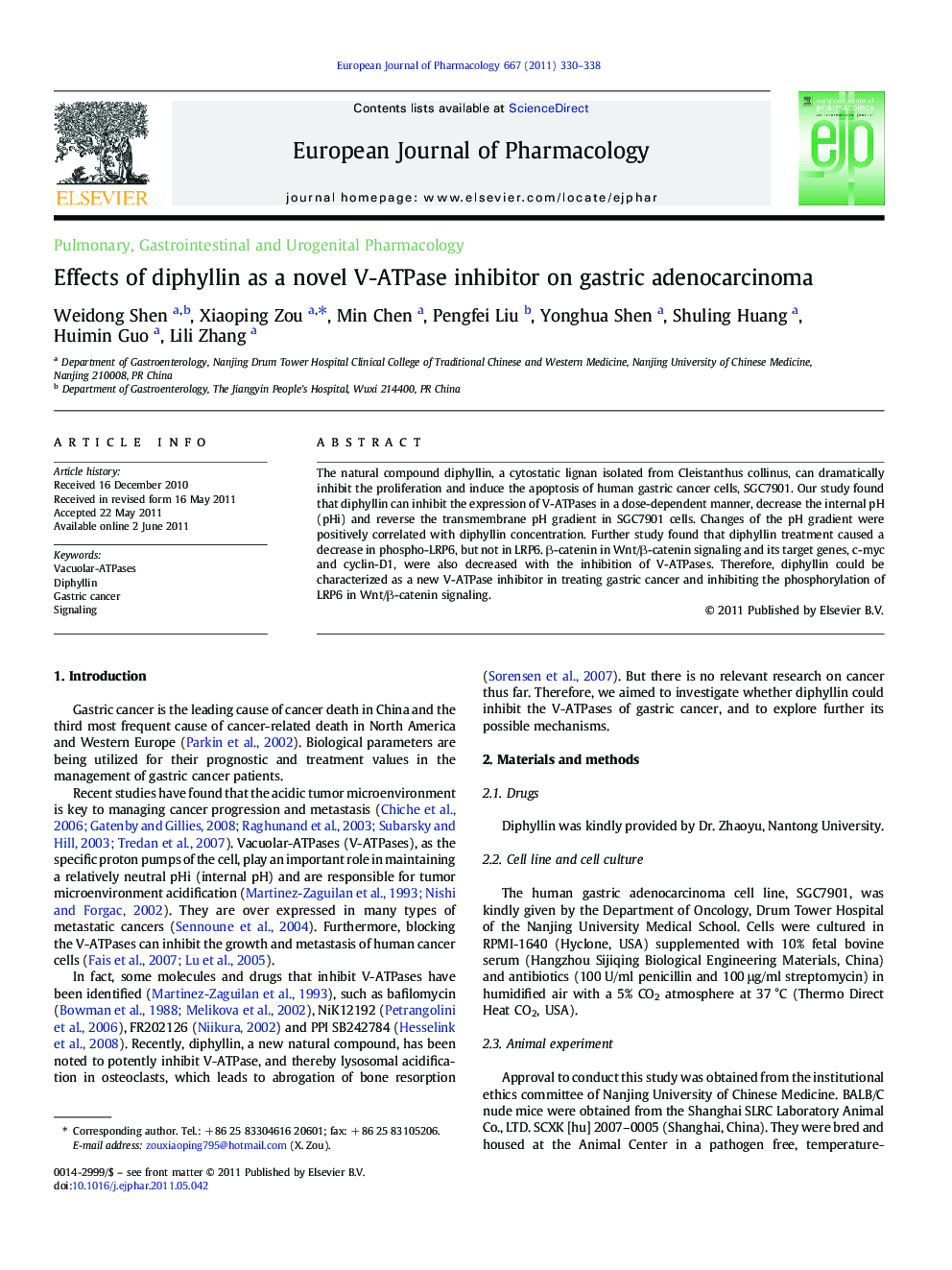 Effects of diphyllin as a novel V-ATPase inhibitor on gastric adenocarcinoma