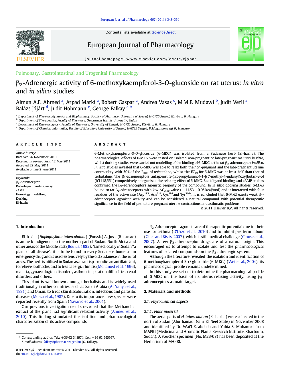 β2-Adrenergic activity of 6-methoxykaempferol-3-O-glucoside on rat uterus: In vitro and in silico studies