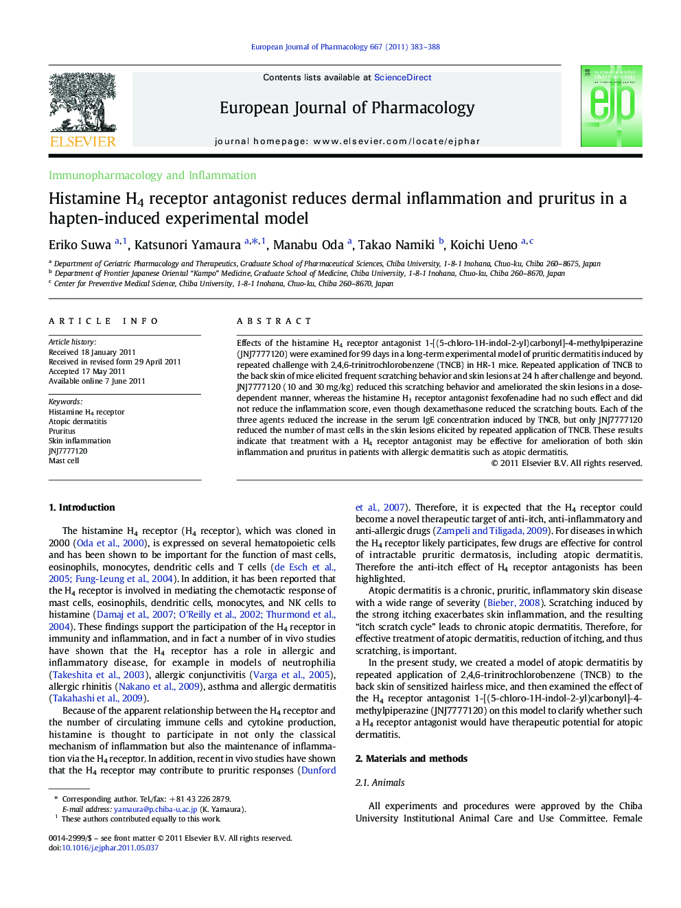 Histamine H4 receptor antagonist reduces dermal inflammation and pruritus in a hapten-induced experimental model