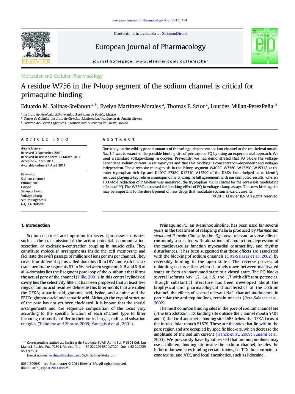 A residue W756 in the P-loop segment of the sodium channel is critical for primaquine binding