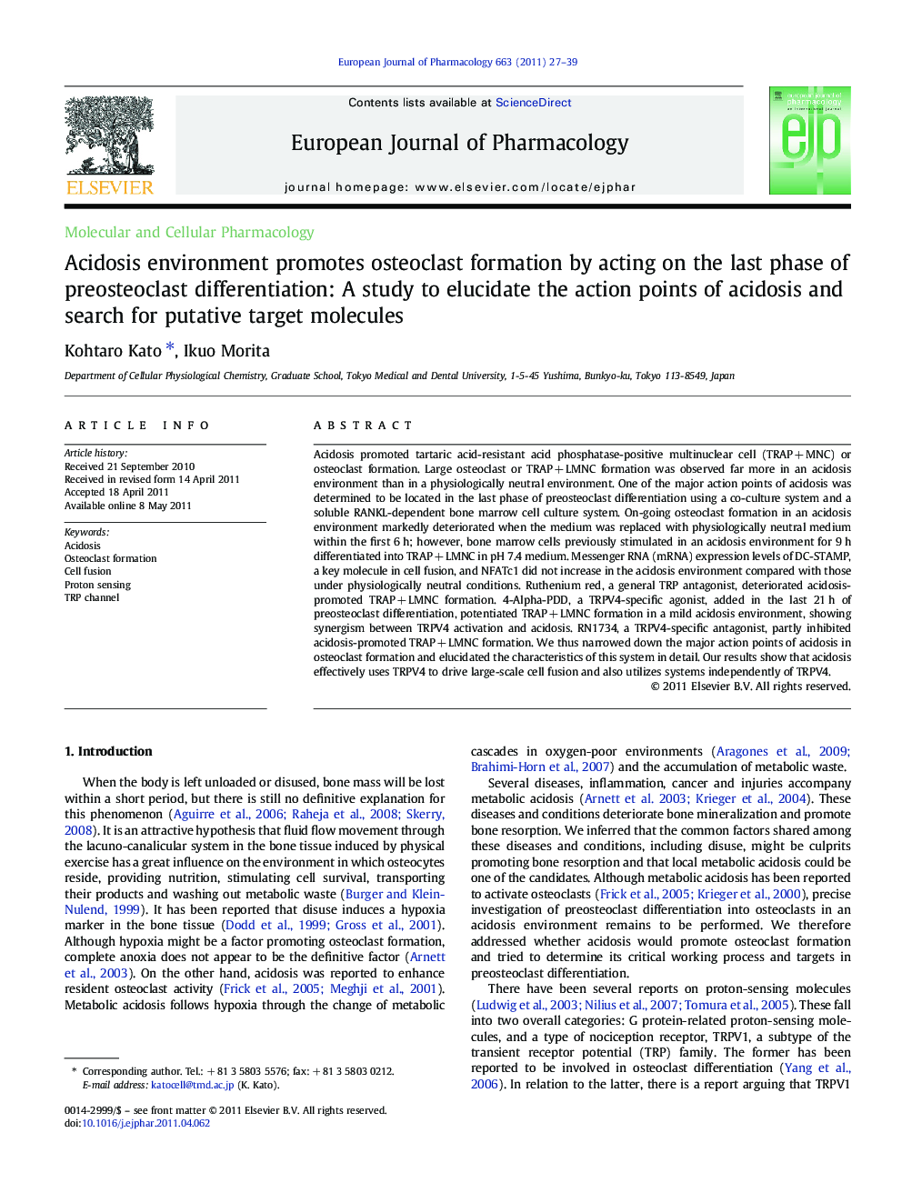 Acidosis environment promotes osteoclast formation by acting on the last phase of preosteoclast differentiation: A study to elucidate the action points of acidosis and search for putative target molecules