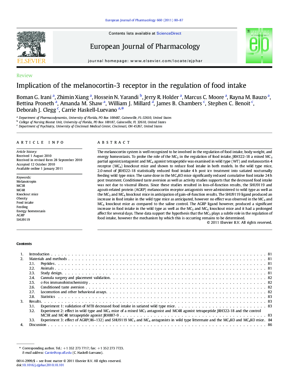 Implication of the melanocortin-3 receptor in the regulation of food intake