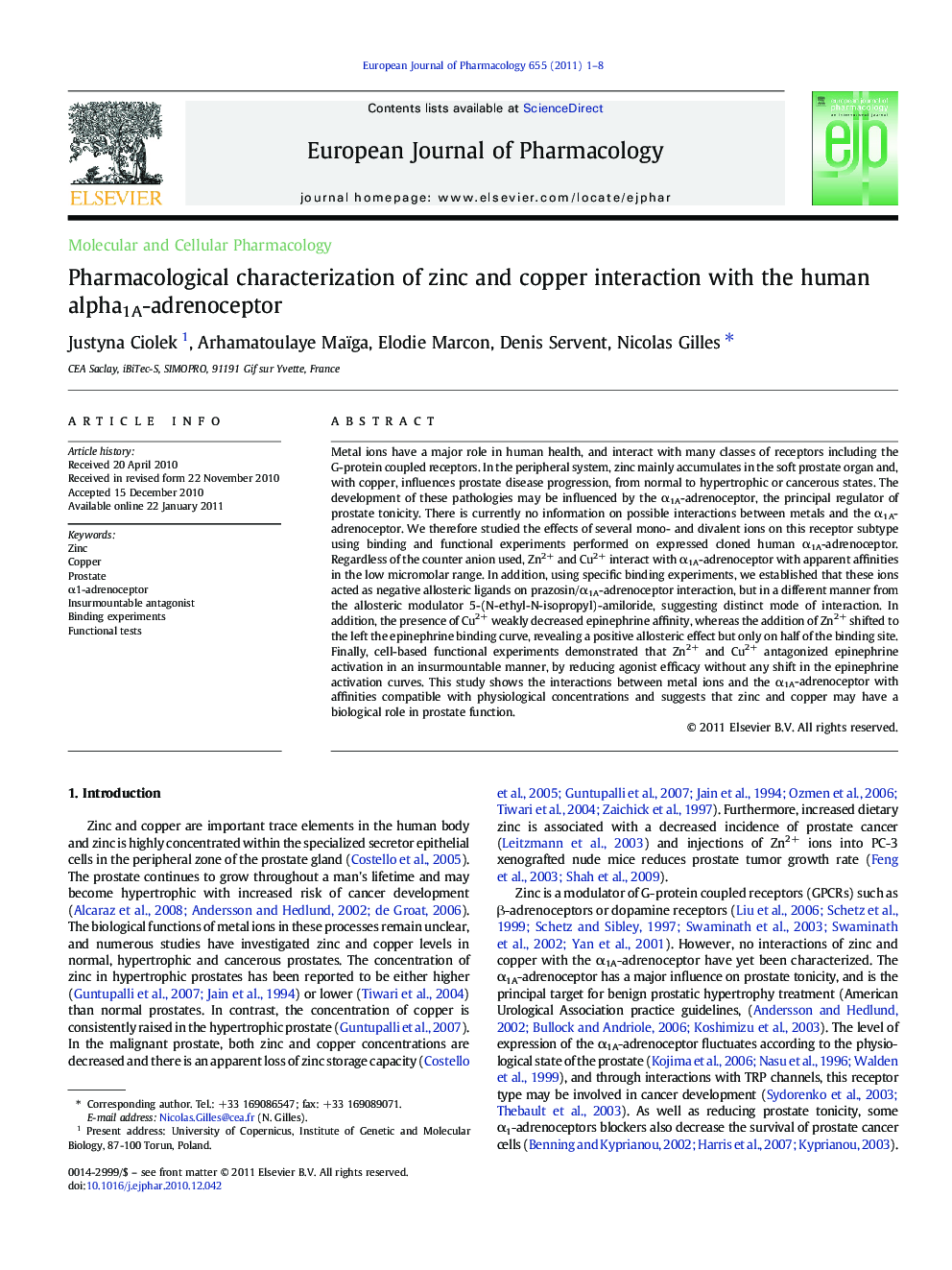 Pharmacological characterization of zinc and copper interaction with the human alpha1A-adrenoceptor