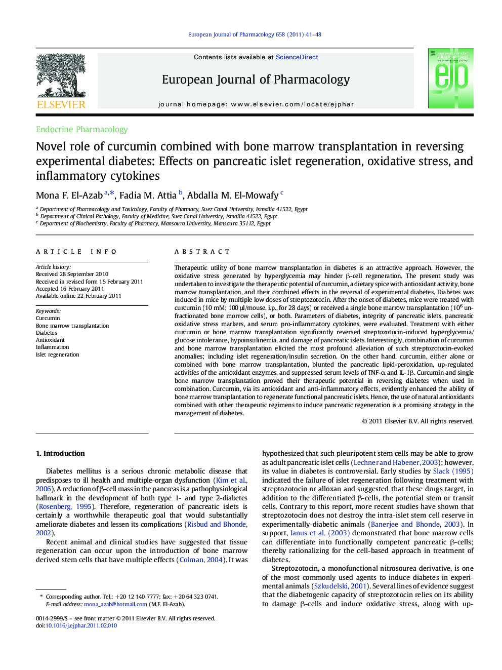 Novel role of curcumin combined with bone marrow transplantation in reversing experimental diabetes: Effects on pancreatic islet regeneration, oxidative stress, and inflammatory cytokines