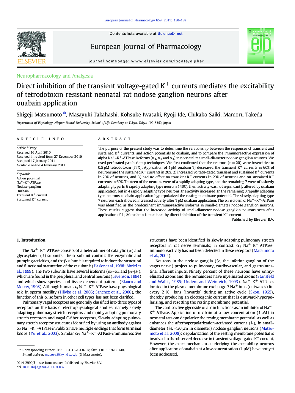 Direct inhibition of the transient voltage-gated K+ currents mediates the excitability of tetrodotoxin-resistant neonatal rat nodose ganglion neurons after ouabain application