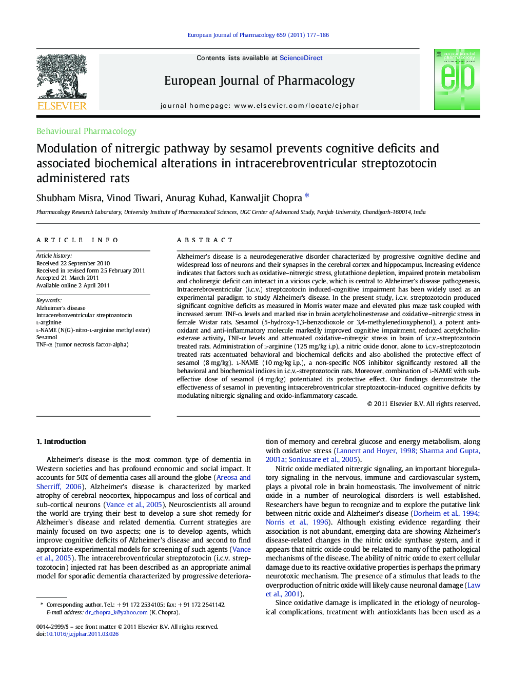 Modulation of nitrergic pathway by sesamol prevents cognitive deficits and associated biochemical alterations in intracerebroventricular streptozotocin administered rats