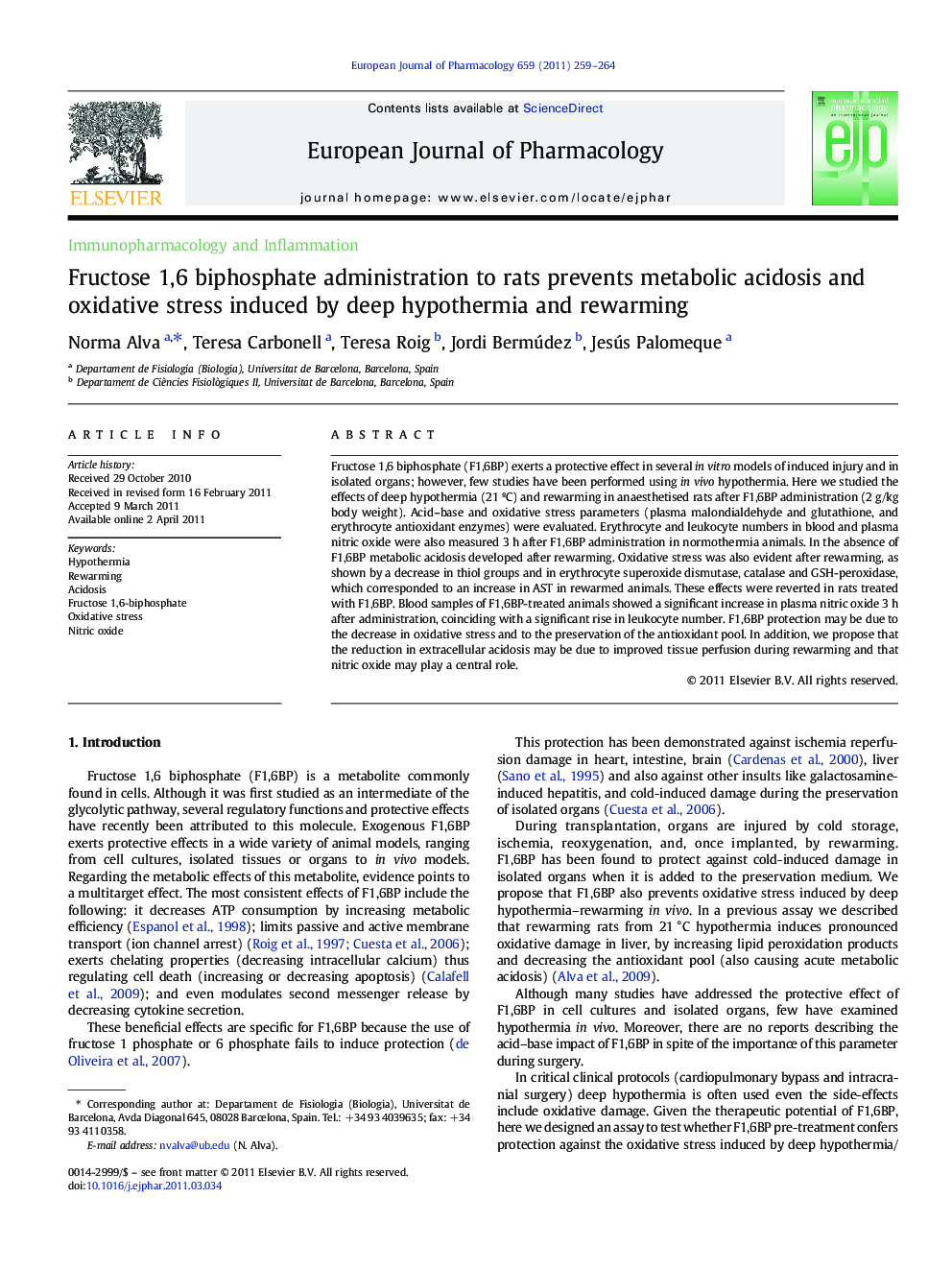 Fructose 1,6 biphosphate administration to rats prevents metabolic acidosis and oxidative stress induced by deep hypothermia and rewarming