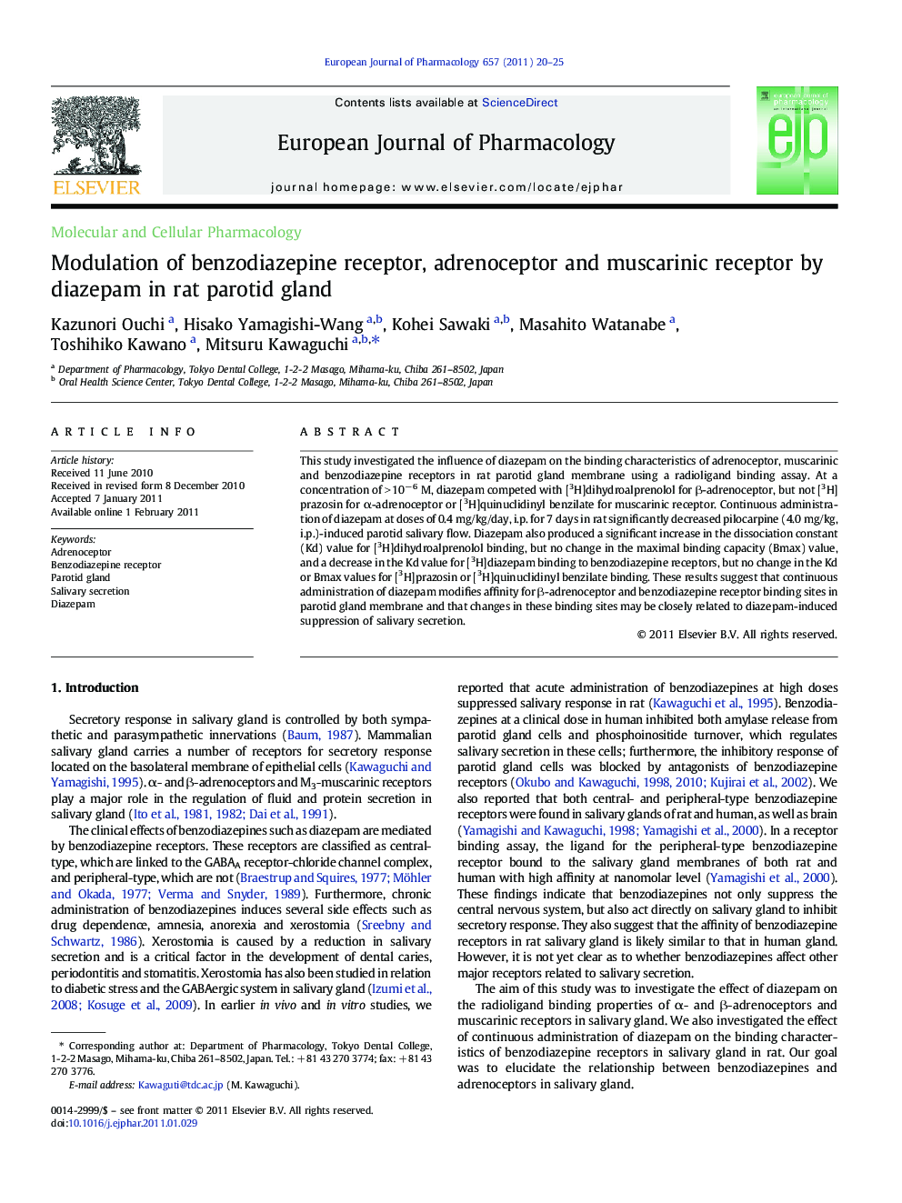 Modulation of benzodiazepine receptor, adrenoceptor and muscarinic receptor by diazepam in rat parotid gland