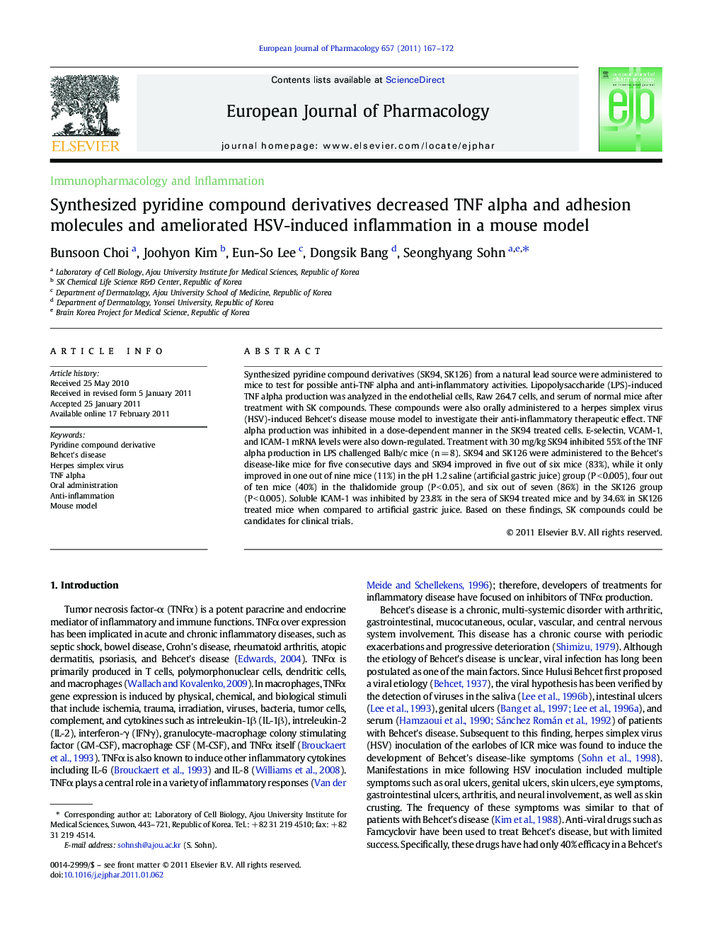 Synthesized pyridine compound derivatives decreased TNF alpha and adhesion molecules and ameliorated HSV-induced inflammation in a mouse model