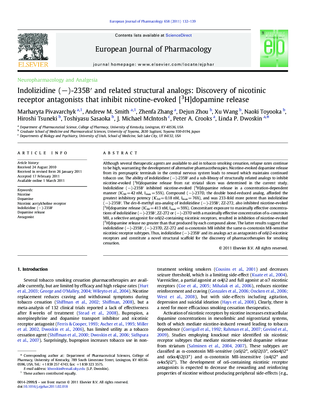 Indolizidine (−)-235B′ and related structural analogs: Discovery of nicotinic receptor antagonists that inhibit nicotine-evoked [3H]dopamine release