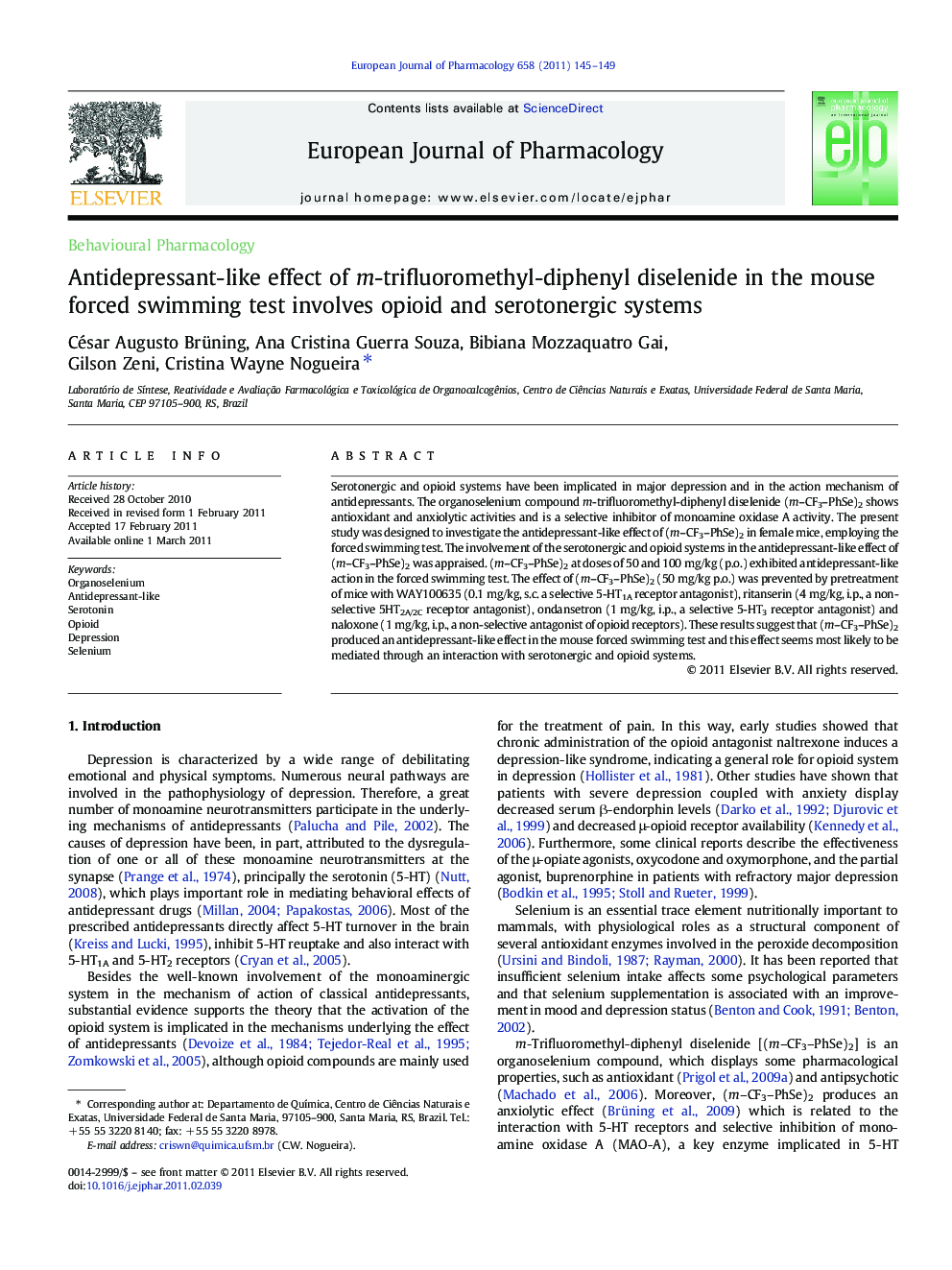 Antidepressant-like effect of m-trifluoromethyl-diphenyl diselenide in the mouse forced swimming test involves opioid and serotonergic systems