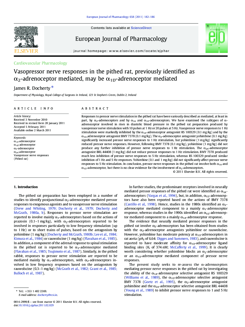 Vasopressor nerve responses in the pithed rat, previously identified as α2-adrenoceptor mediated, may be α1D-adrenoceptor mediated