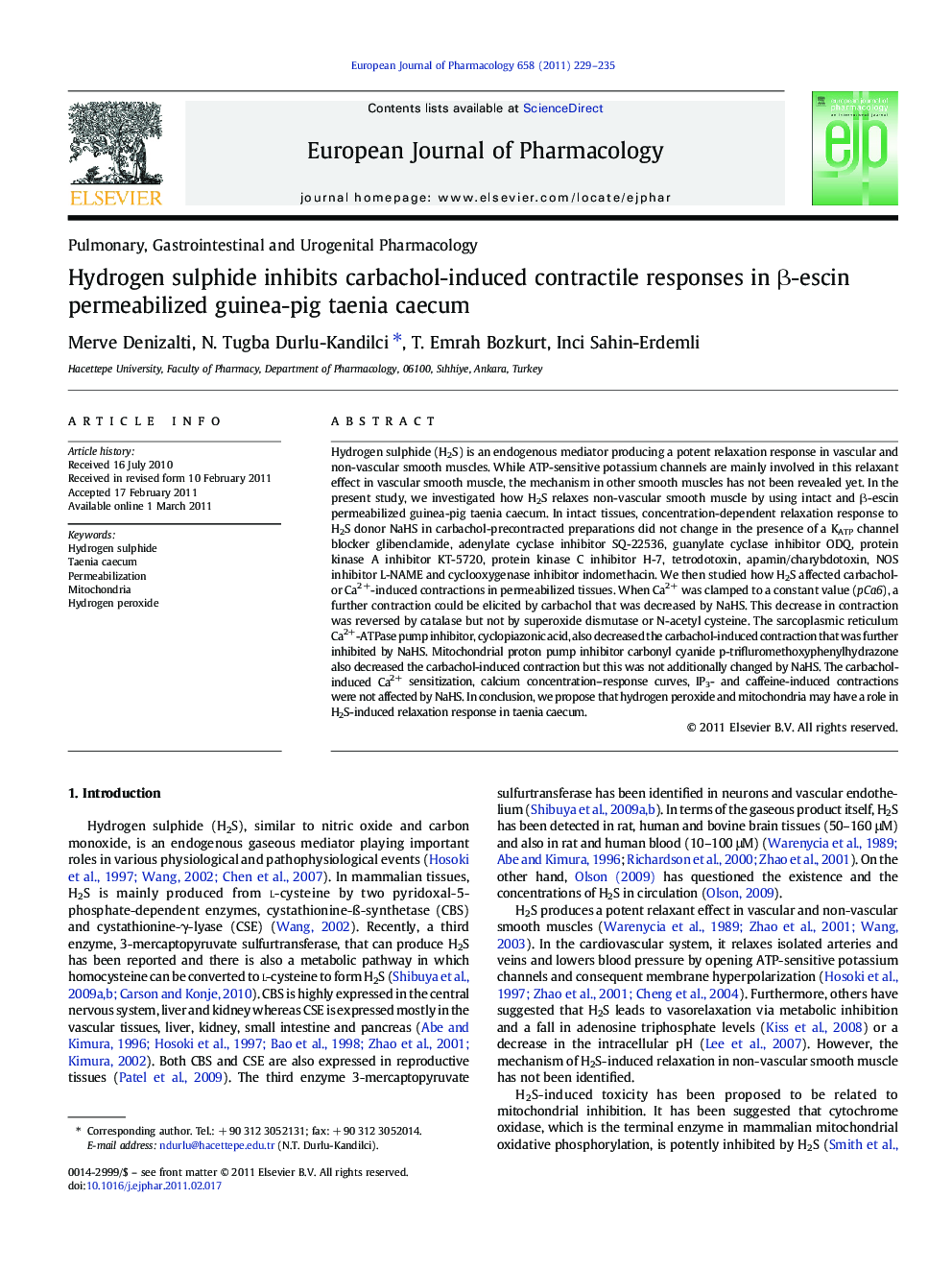 Hydrogen sulphide inhibits carbachol-induced contractile responses in β-escin permeabilized guinea-pig taenia caecum