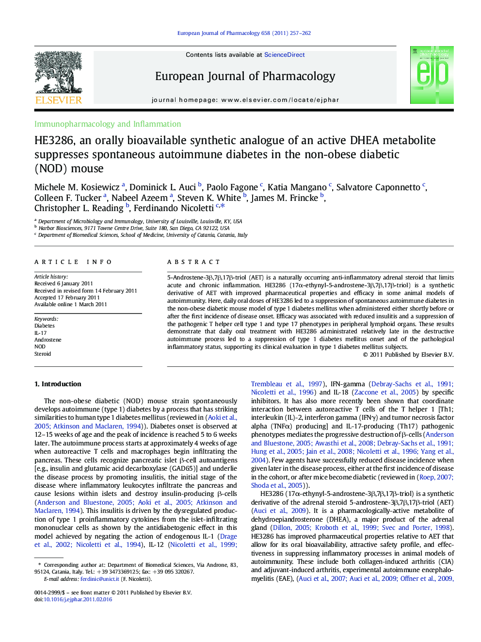 HE3286, an orally bioavailable synthetic analogue of an active DHEA metabolite suppresses spontaneous autoimmune diabetes in the non-obese diabetic (NOD) mouse