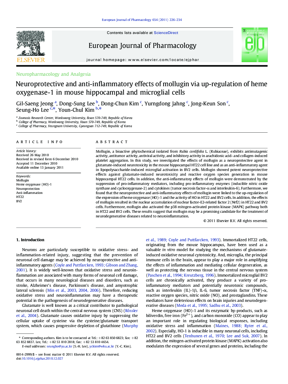 Neuroprotective and anti-inflammatory effects of mollugin via up-regulation of heme oxygenase-1 in mouse hippocampal and microglial cells