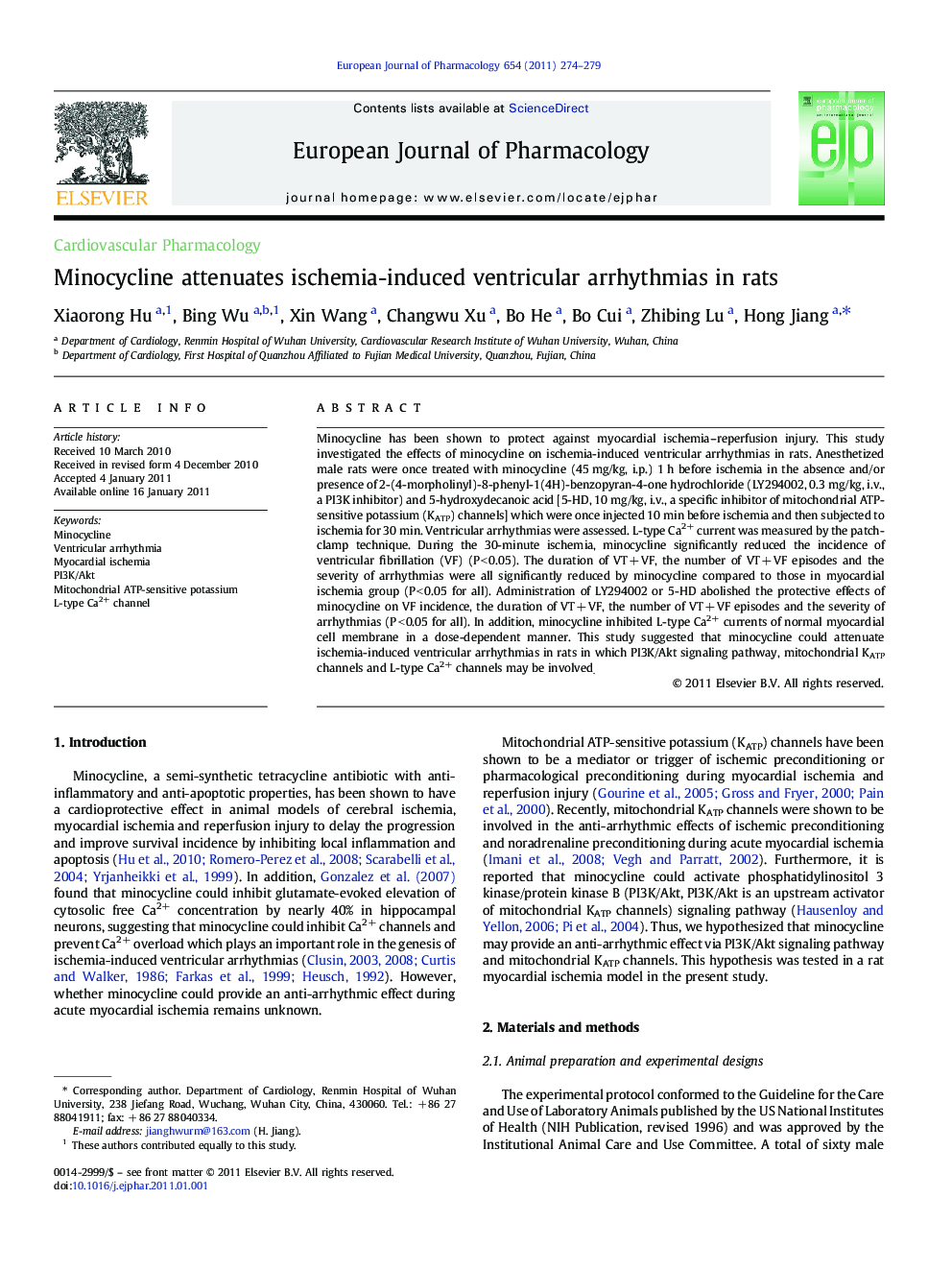 Minocycline attenuates ischemia-induced ventricular arrhythmias in rats