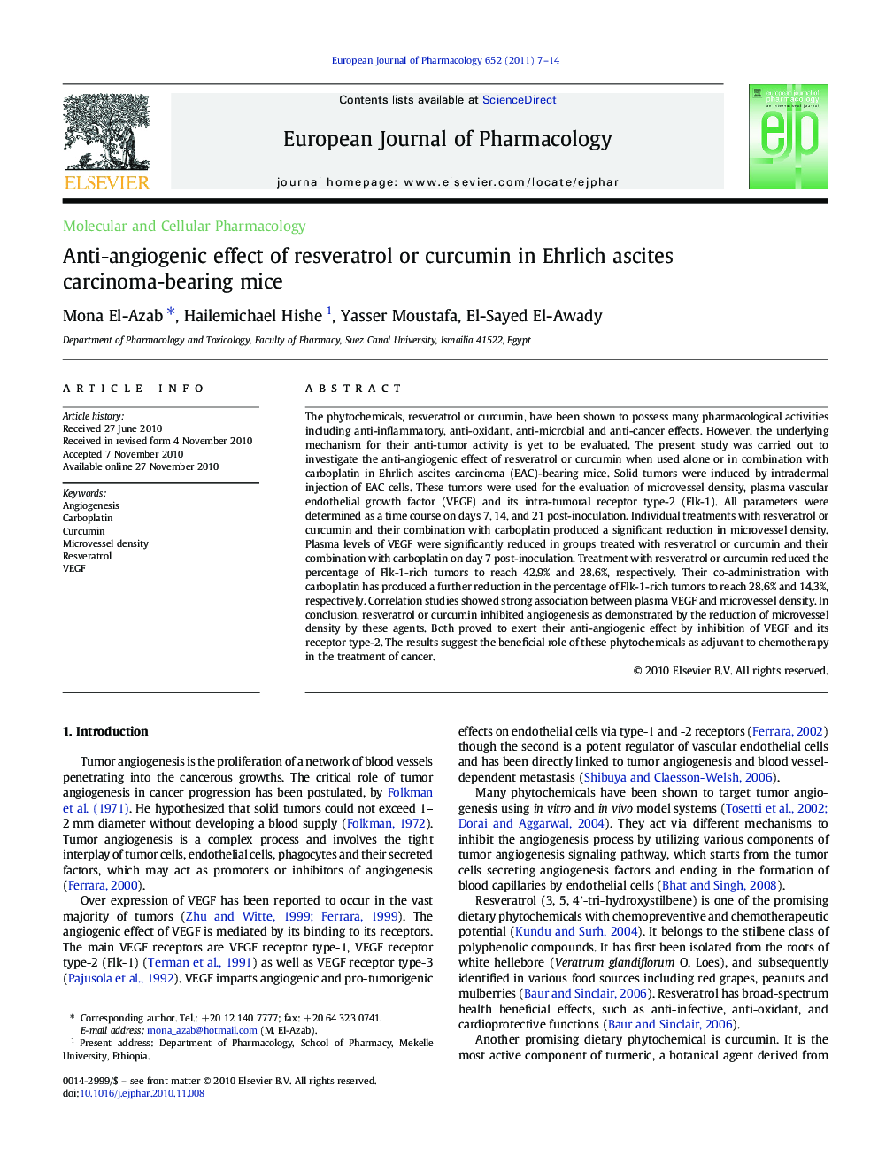 Anti-angiogenic effect of resveratrol or curcumin in Ehrlich ascites carcinoma-bearing mice