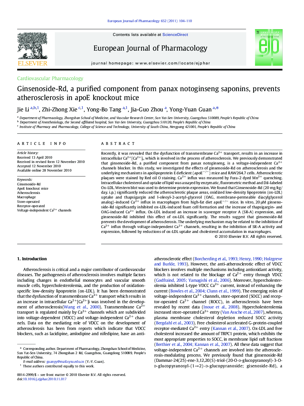 Ginsenoside-Rd, a purified component from panax notoginseng saponins, prevents atherosclerosis in apoE knockout mice