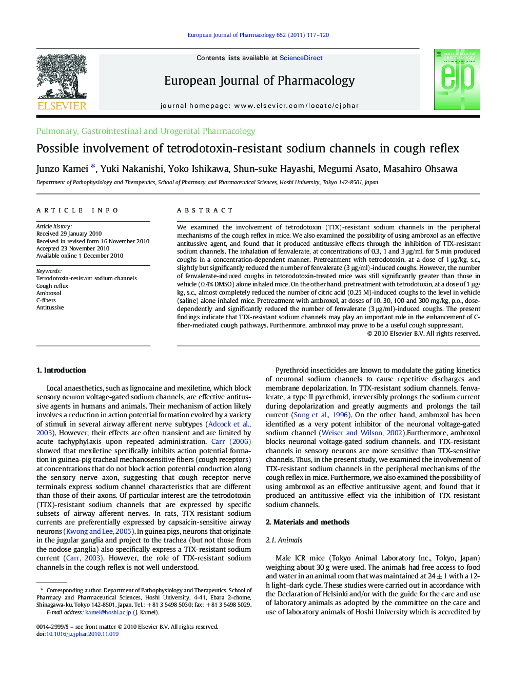 Possible involvement of tetrodotoxin-resistant sodium channels in cough reflex