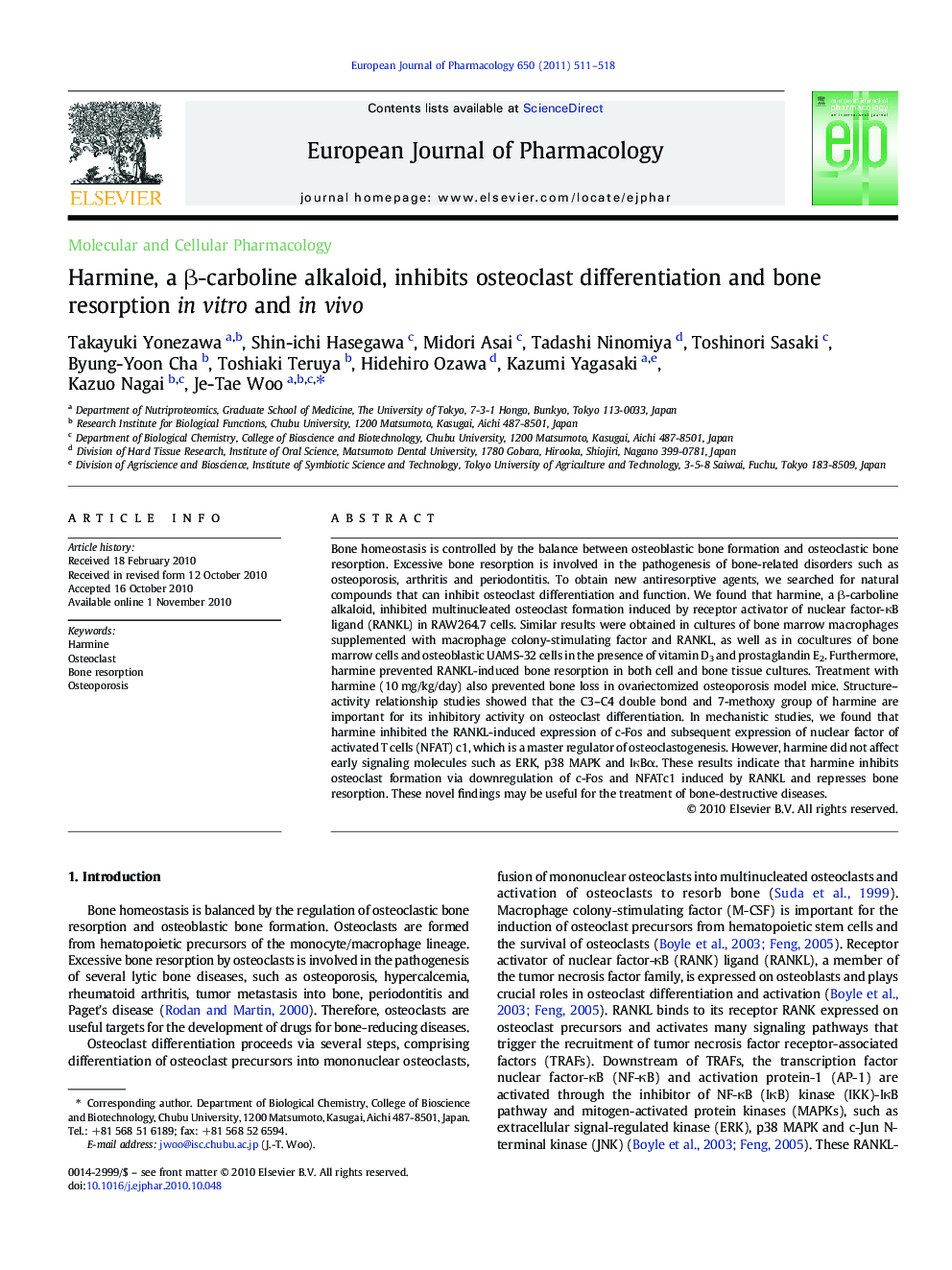 Harmine, a β-carboline alkaloid, inhibits osteoclast differentiation and bone resorption in vitro and in vivo