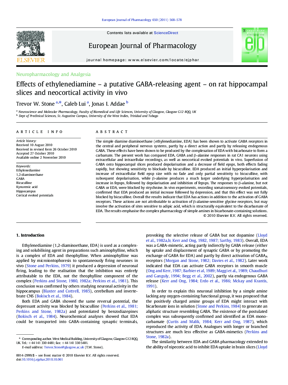 Effects of ethylenediamine – a putative GABA-releasing agent – on rat hippocampal slices and neocortical activity in vivo