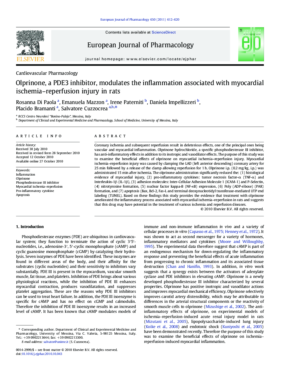 Olprinone, a PDE3 inhibitor, modulates the inflammation associated with myocardial ischemia–reperfusion injury in rats