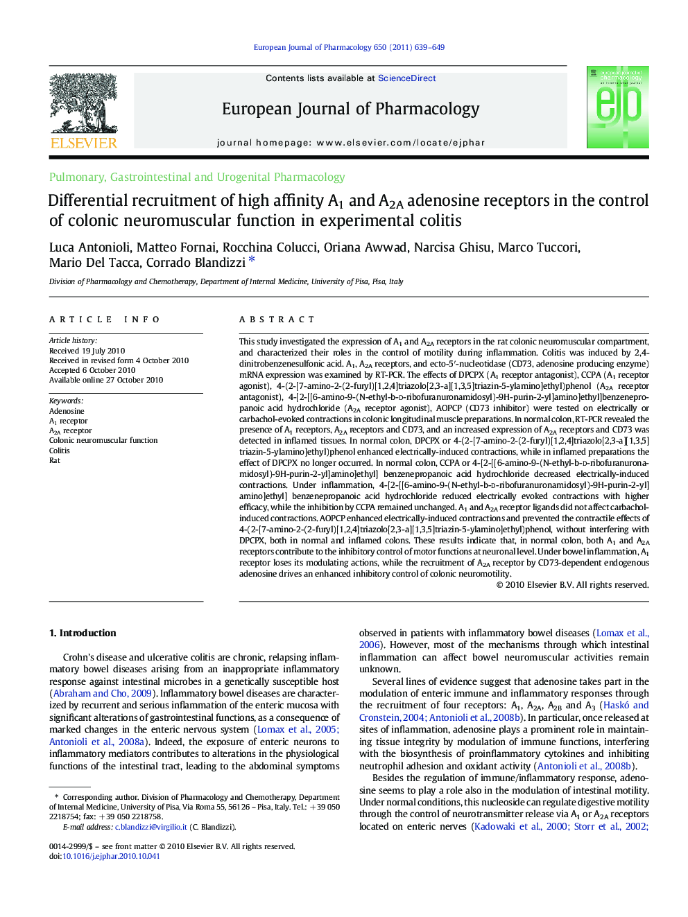 Differential recruitment of high affinity A1 and A2A adenosine receptors in the control of colonic neuromuscular function in experimental colitis