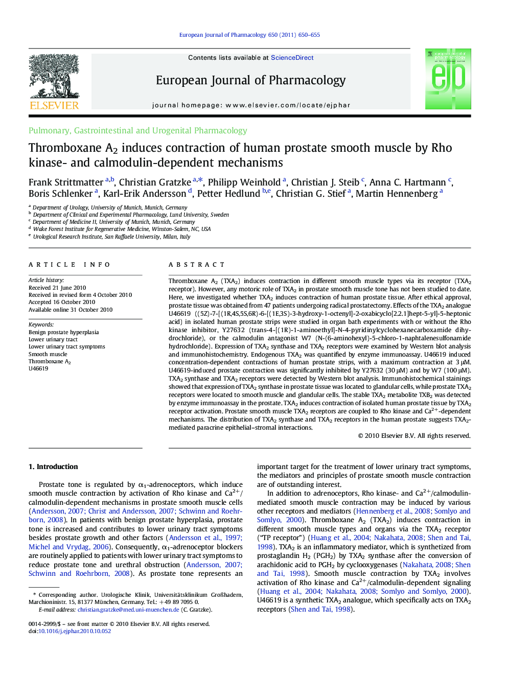 Thromboxane A2 induces contraction of human prostate smooth muscle by Rho kinase- and calmodulin-dependent mechanisms