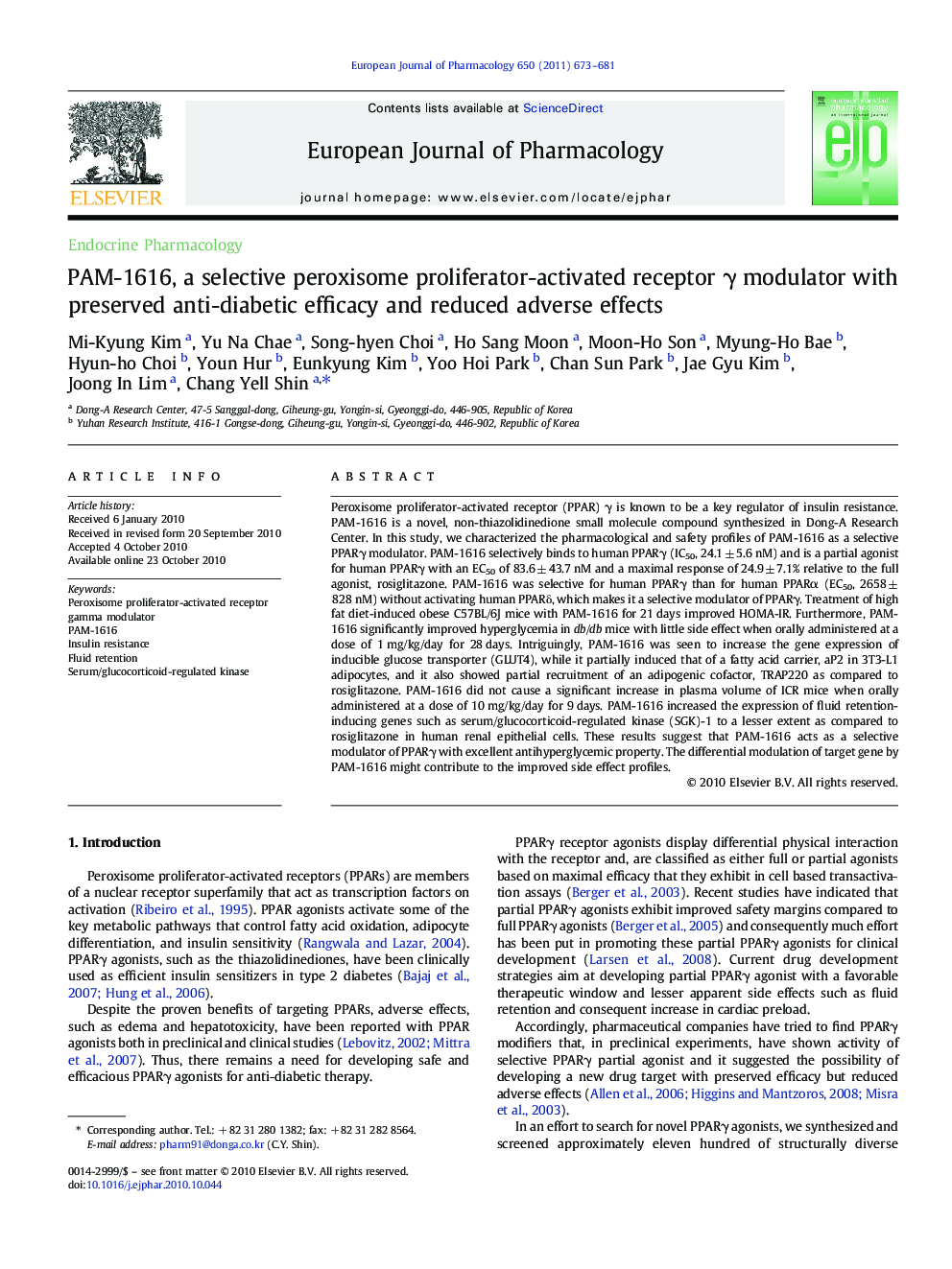 PAM-1616, a selective peroxisome proliferator-activated receptor γ modulator with preserved anti-diabetic efficacy and reduced adverse effects