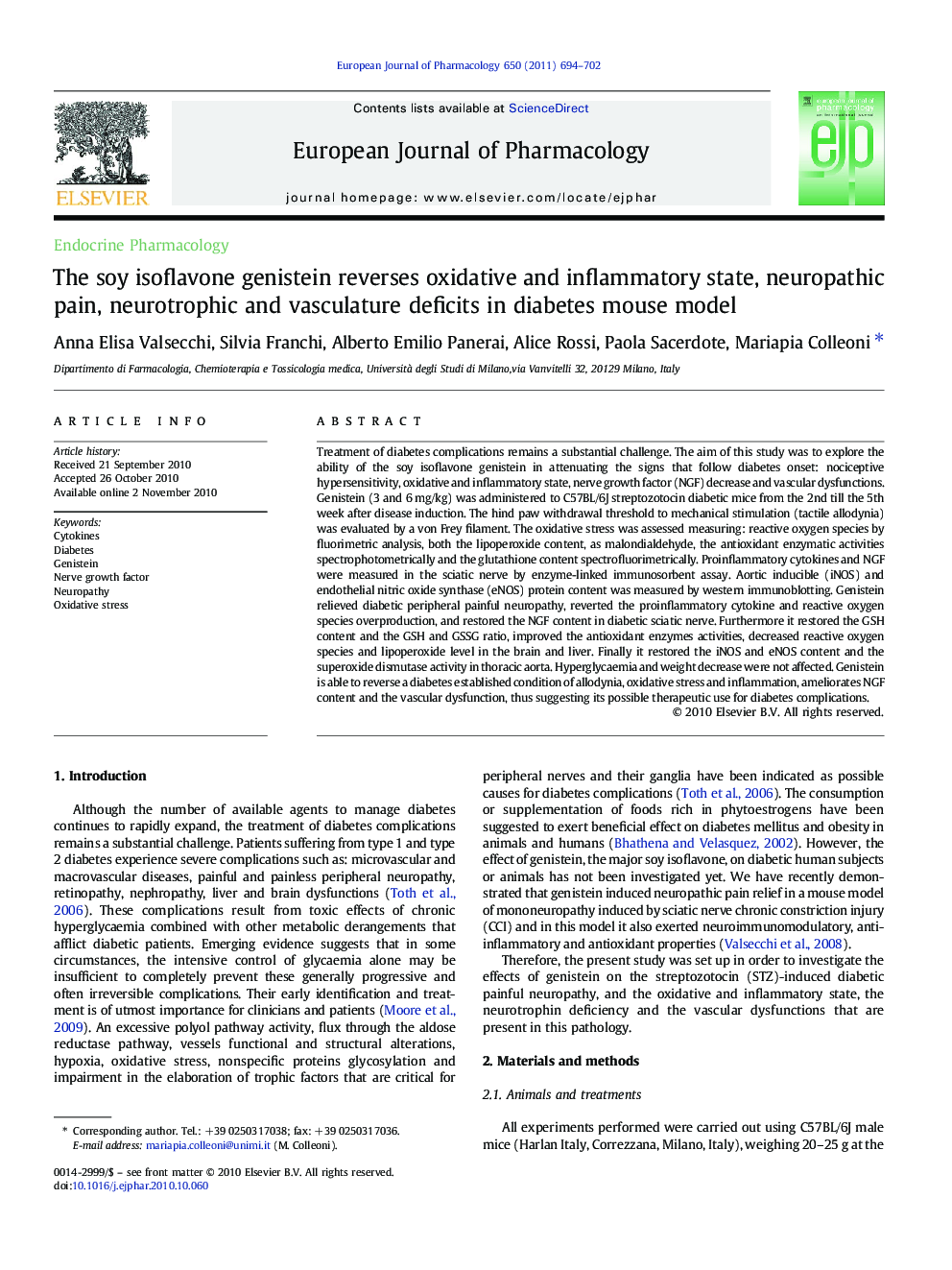 The soy isoflavone genistein reverses oxidative and inflammatory state, neuropathic pain, neurotrophic and vasculature deficits in diabetes mouse model