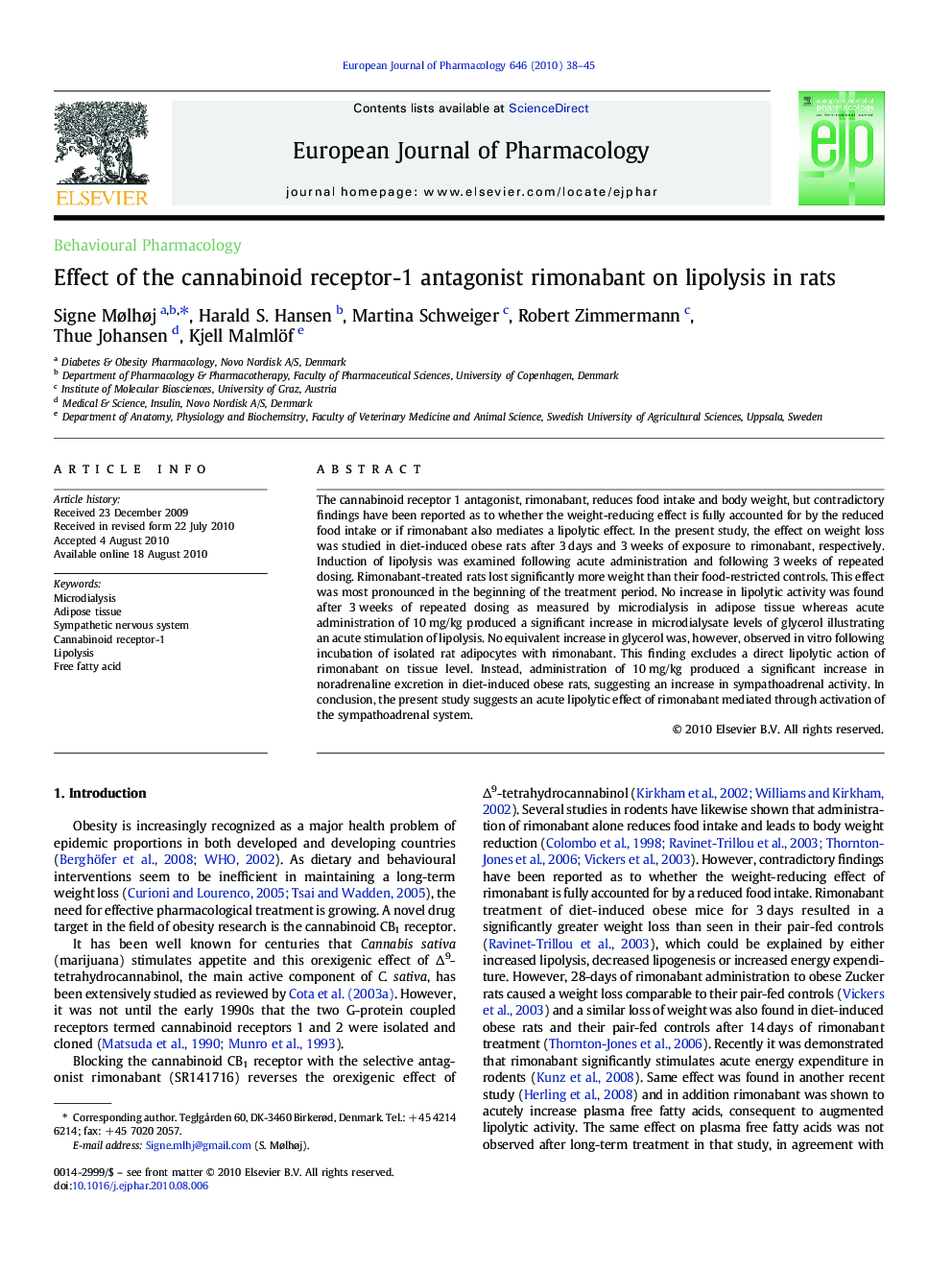 عکس صفحه اول مقاله: Effect of the cannabinoid receptor-1 antagonist rimonabant on lipolysis in rats Effect of the cannabinoid receptor-1 antagonist rimonabant on lipolysis in rats