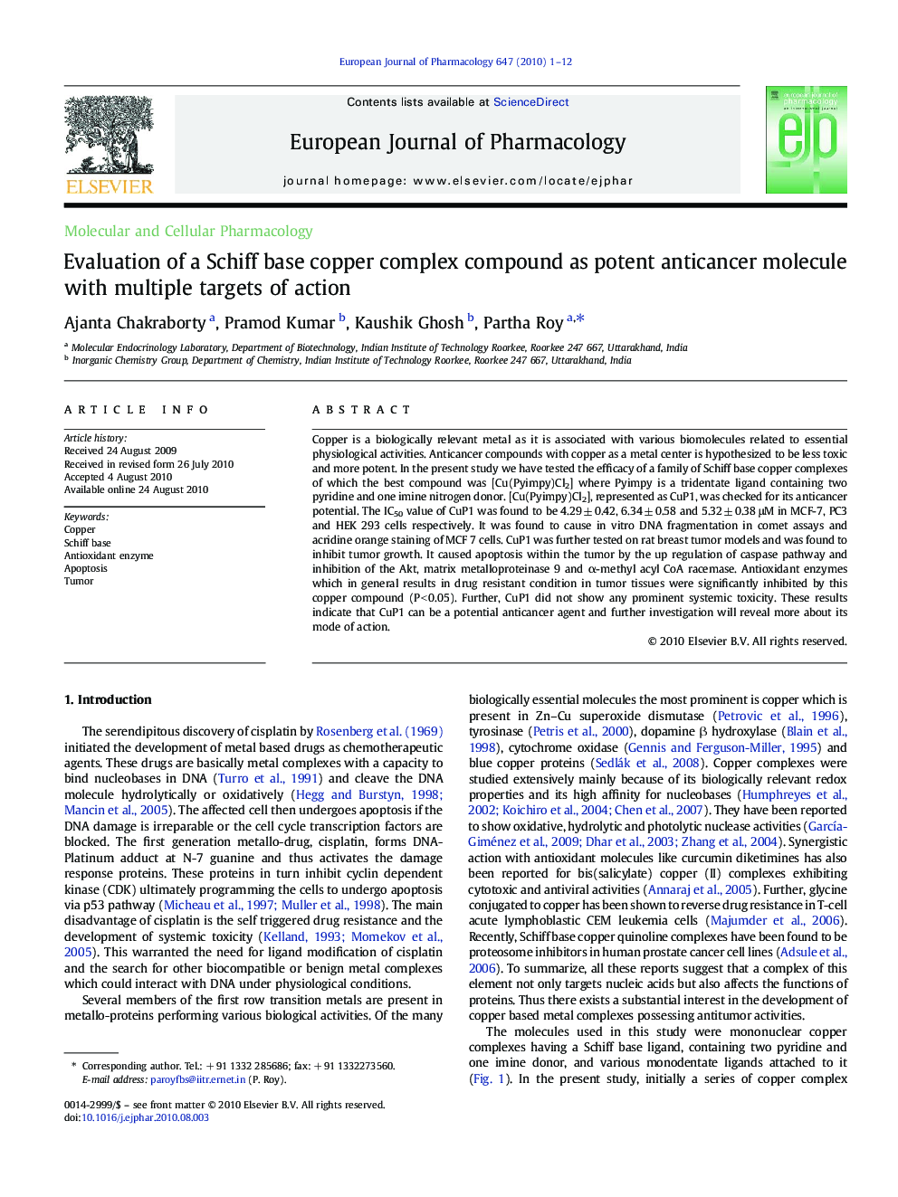 Evaluation of a Schiff base copper complex compound as potent anticancer molecule with multiple targets of action