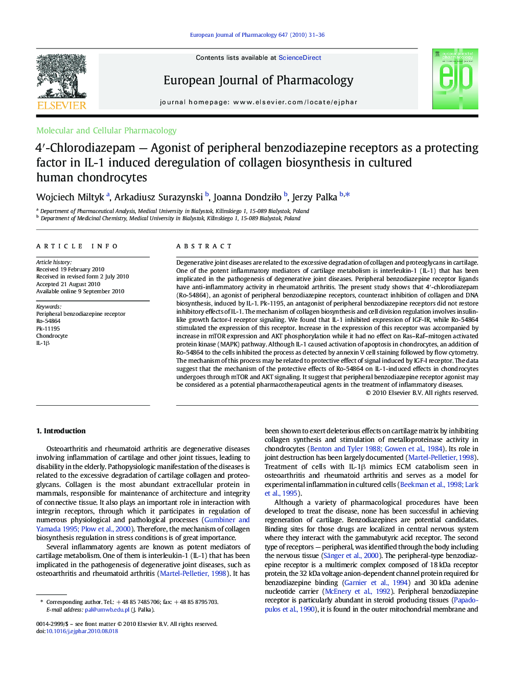 4′-Chlorodiazepam — Agonist of peripheral benzodiazepine receptors as a protecting factor in IL-1 induced deregulation of collagen biosynthesis in cultured human chondrocytes