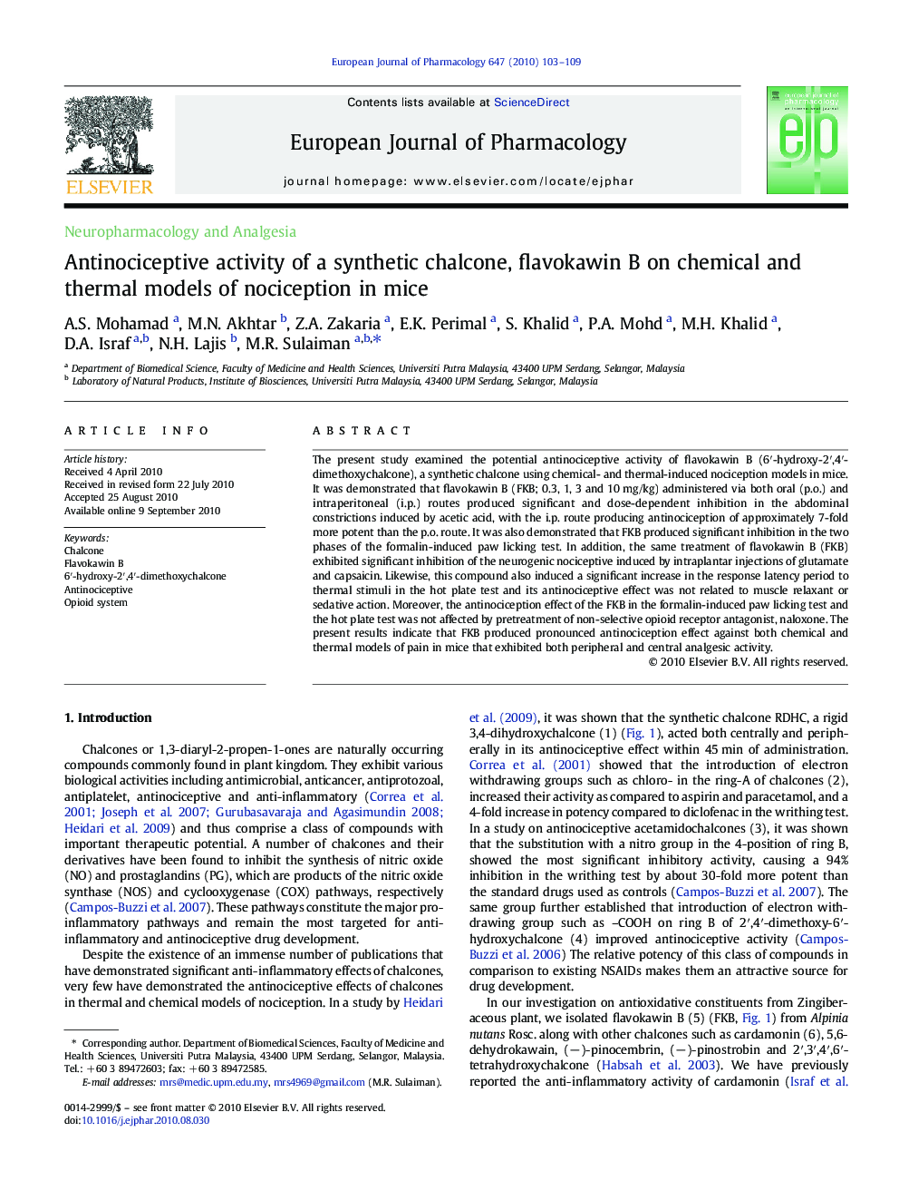 Antinociceptive activity of a synthetic chalcone, flavokawin B on chemical and thermal models of nociception in mice