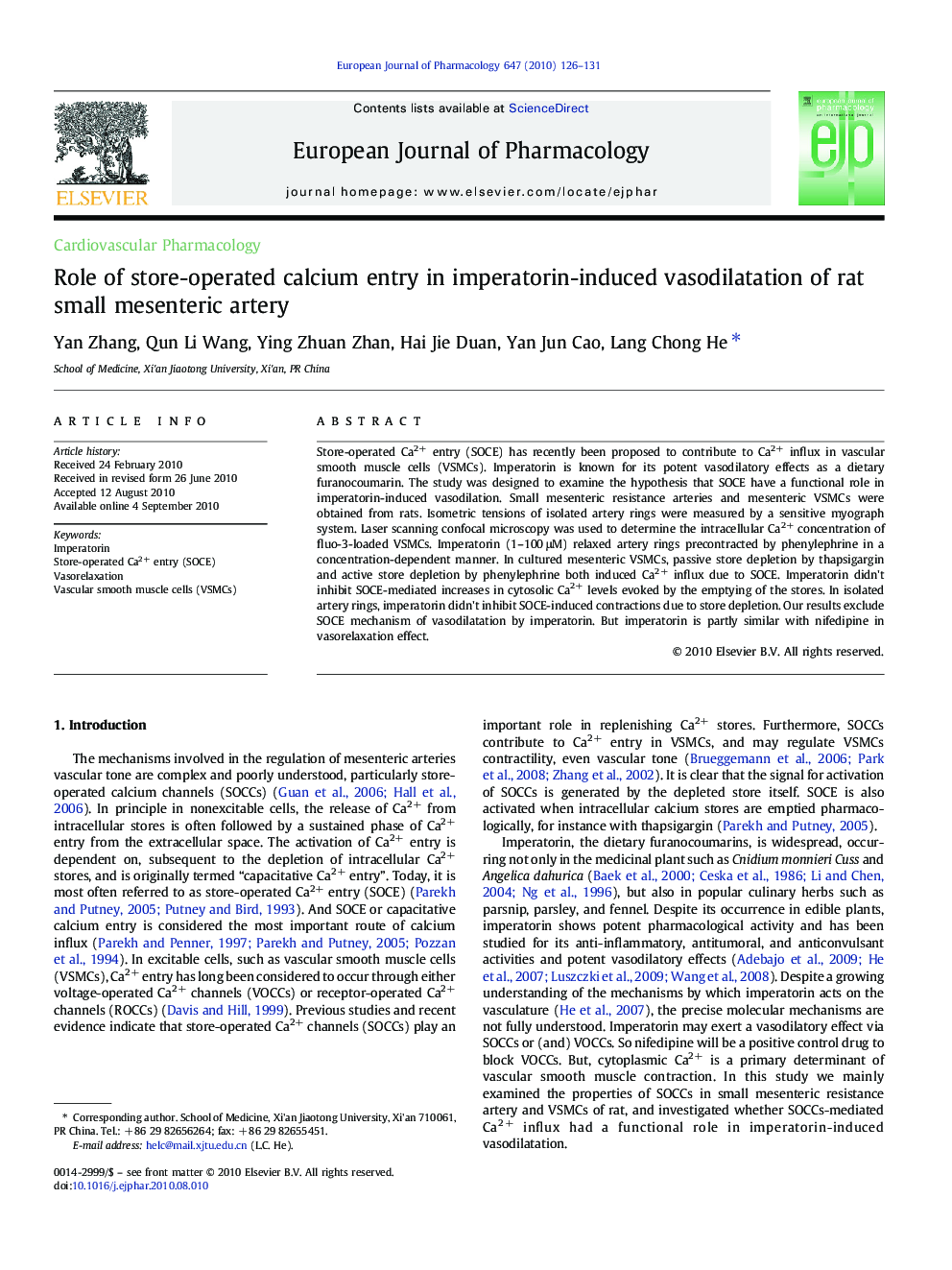 Role of store-operated calcium entry in imperatorin-induced vasodilatation of rat small mesenteric artery