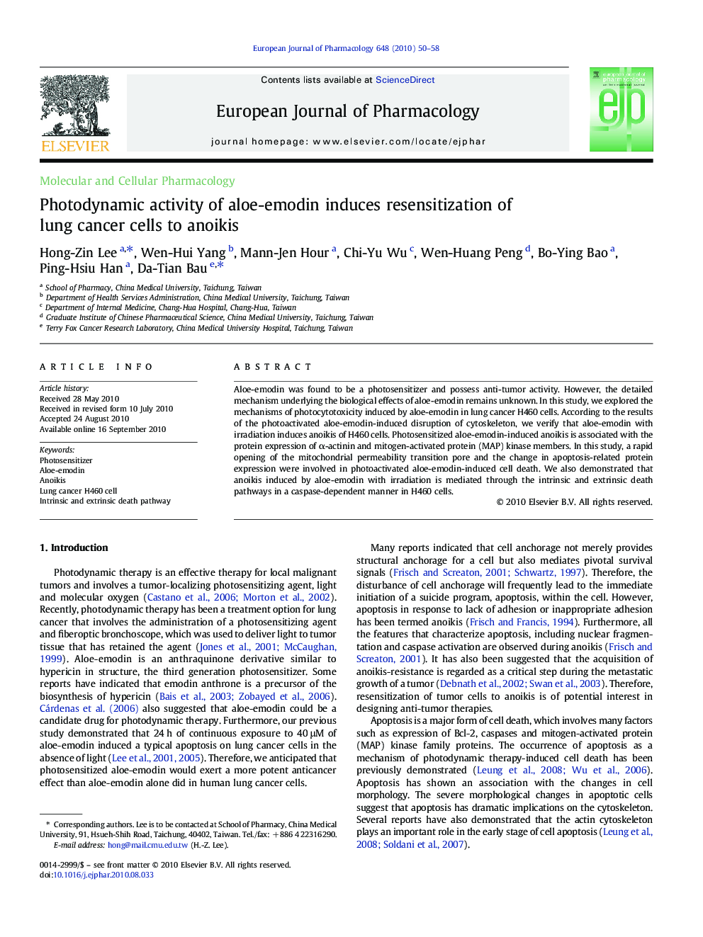 Photodynamic activity of aloe-emodin induces resensitization of lung cancer cells to anoikis