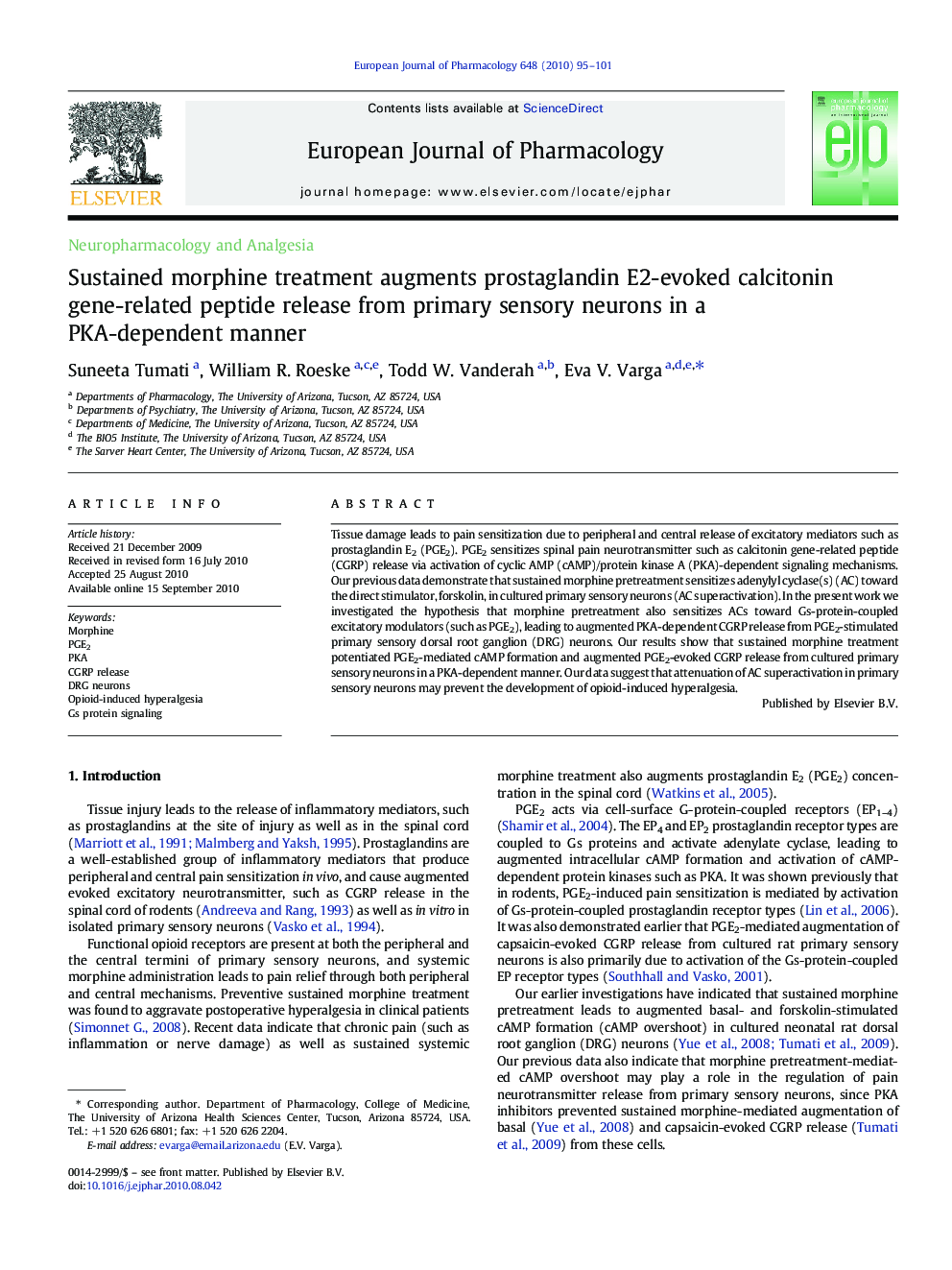 Sustained morphine treatment augments prostaglandin E2-evoked calcitonin gene-related peptide release from primary sensory neurons in a PKA-dependent manner