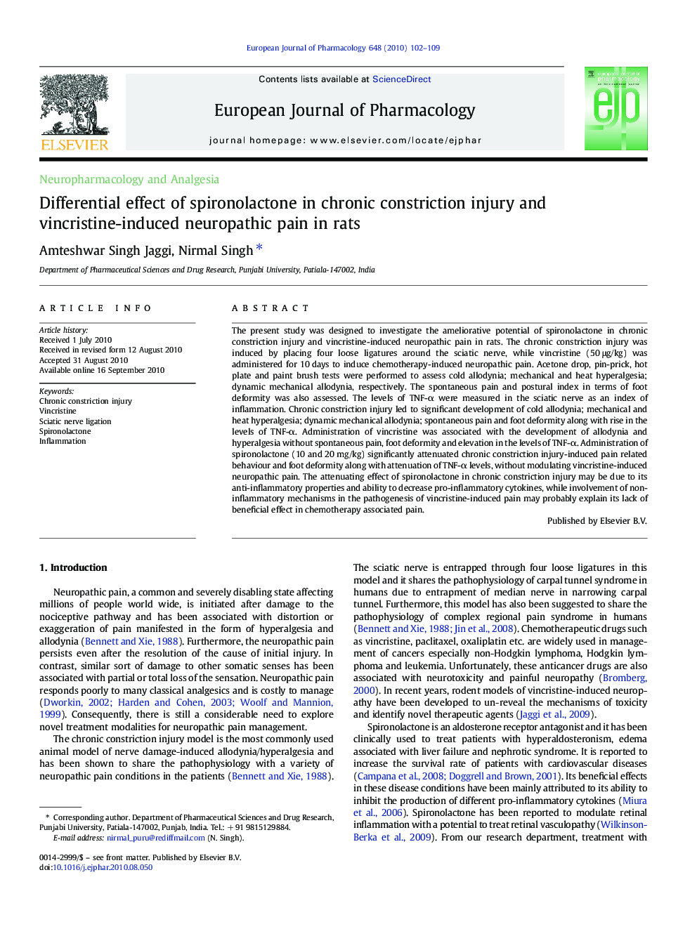 Differential effect of spironolactone in chronic constriction injury and vincristine-induced neuropathic pain in rats