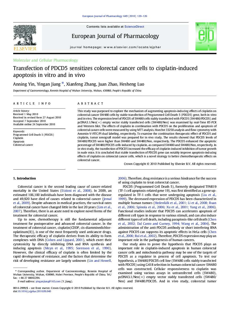 Transfection of PDCD5 sensitizes colorectal cancer cells to cisplatin-induced apoptosis in vitro and in vivo