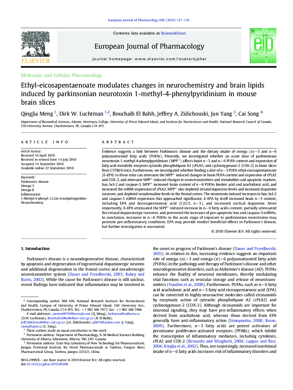 Ethyl-eicosapentaenoate modulates changes in neurochemistry and brain lipids induced by parkinsonian neurotoxin 1-methyl-4-phenylpyridinium in mouse brain slices