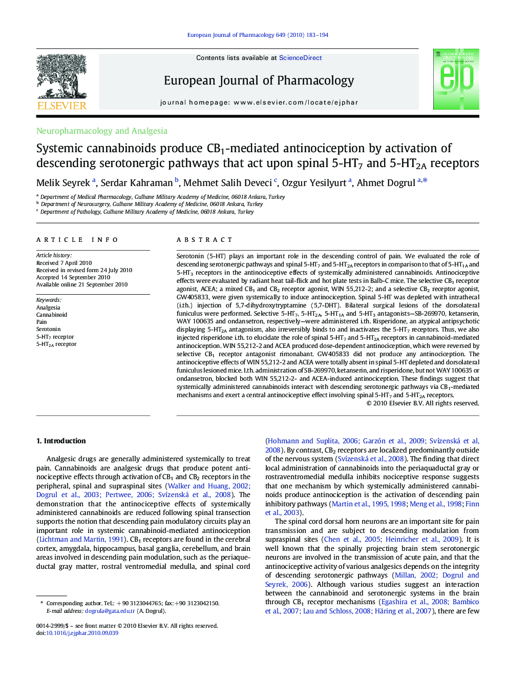 Systemic cannabinoids produce CB1-mediated antinociception by activation of descending serotonergic pathways that act upon spinal 5-HT7 and 5-HT2A receptors