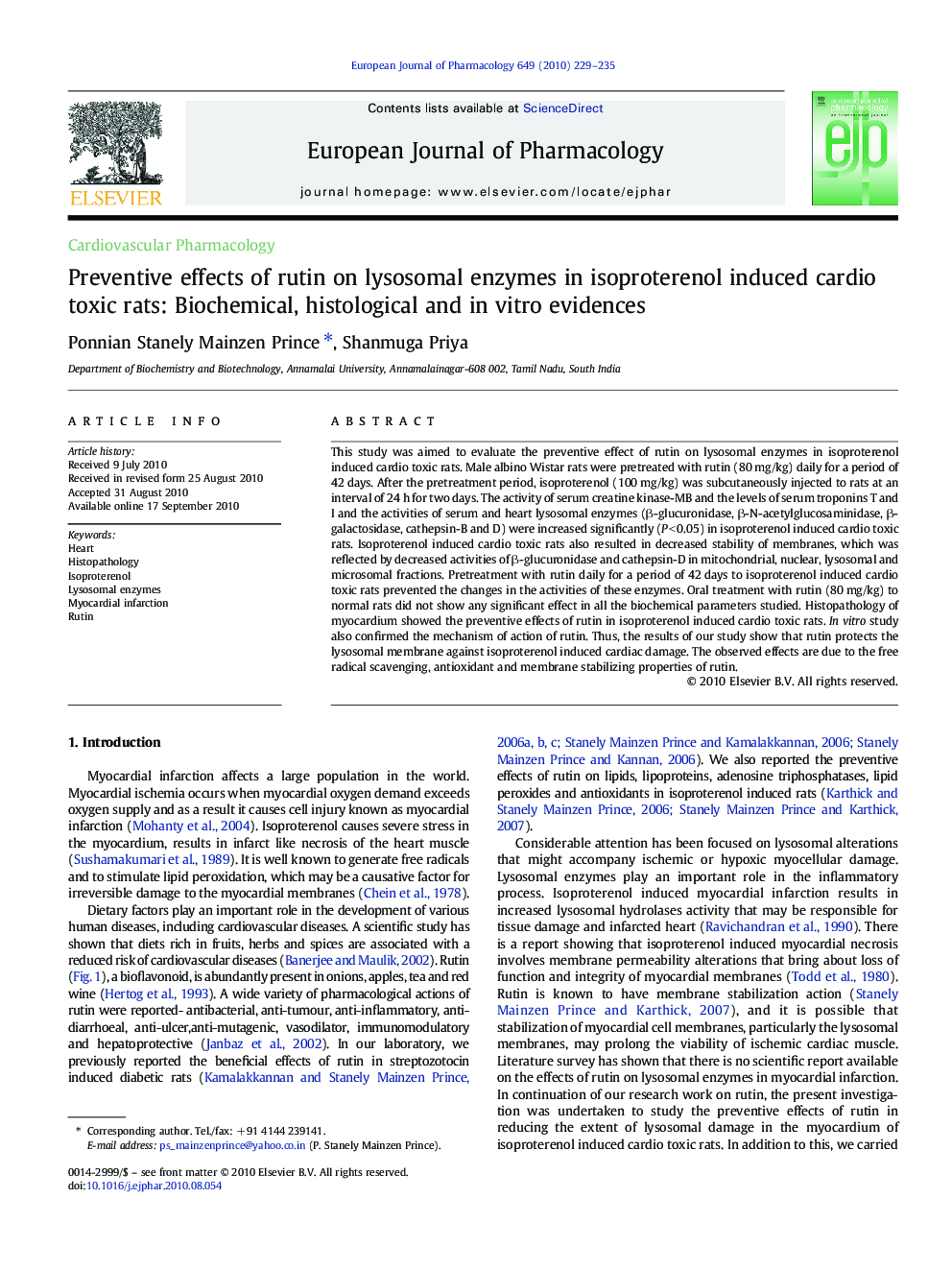 Preventive effects of rutin on lysosomal enzymes in isoproterenol induced cardio toxic rats: Biochemical, histological and in vitro evidences