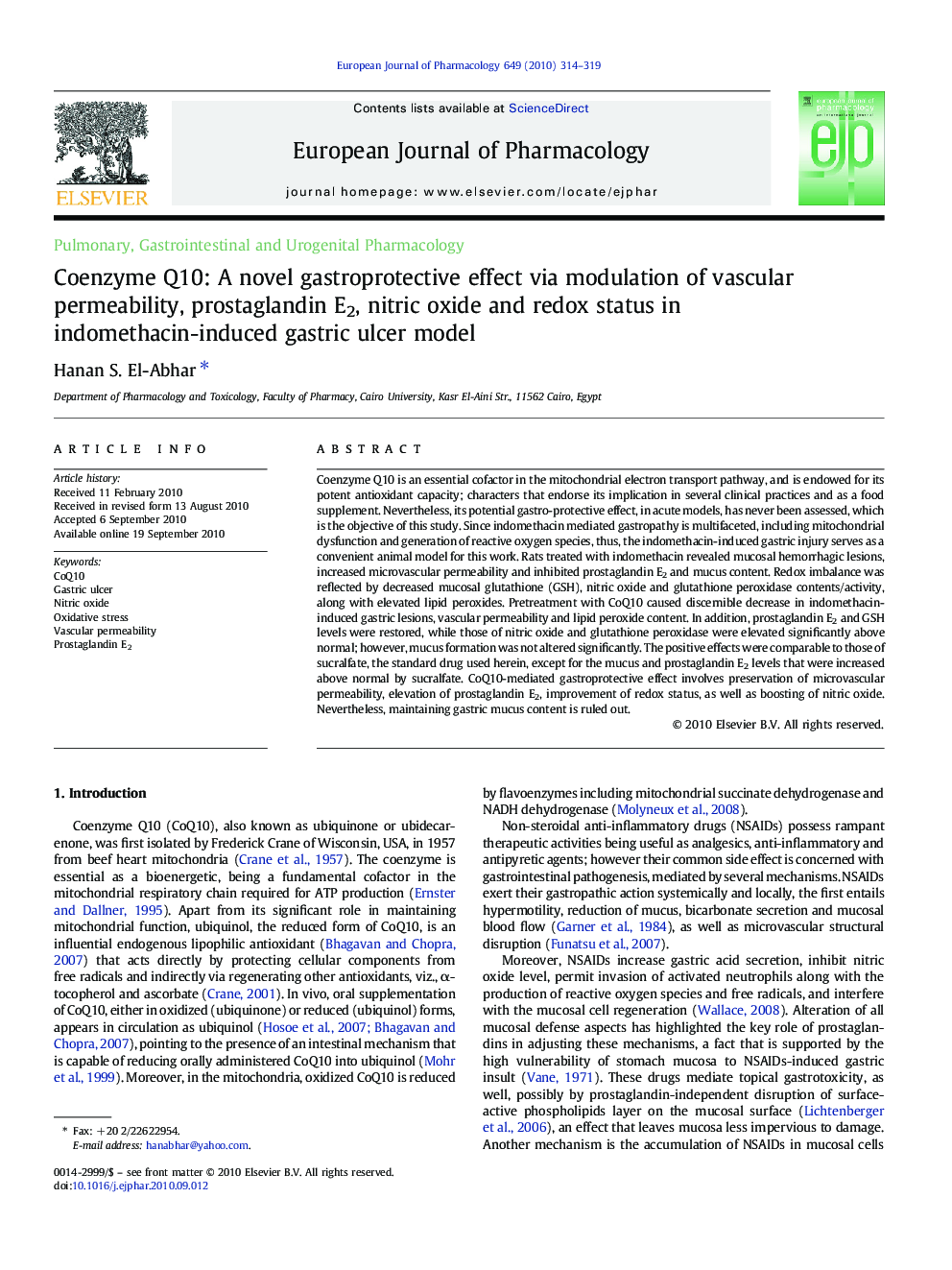 Coenzyme Q10: A novel gastroprotective effect via modulation of vascular permeability, prostaglandin E2, nitric oxide and redox status in indomethacin-induced gastric ulcer model