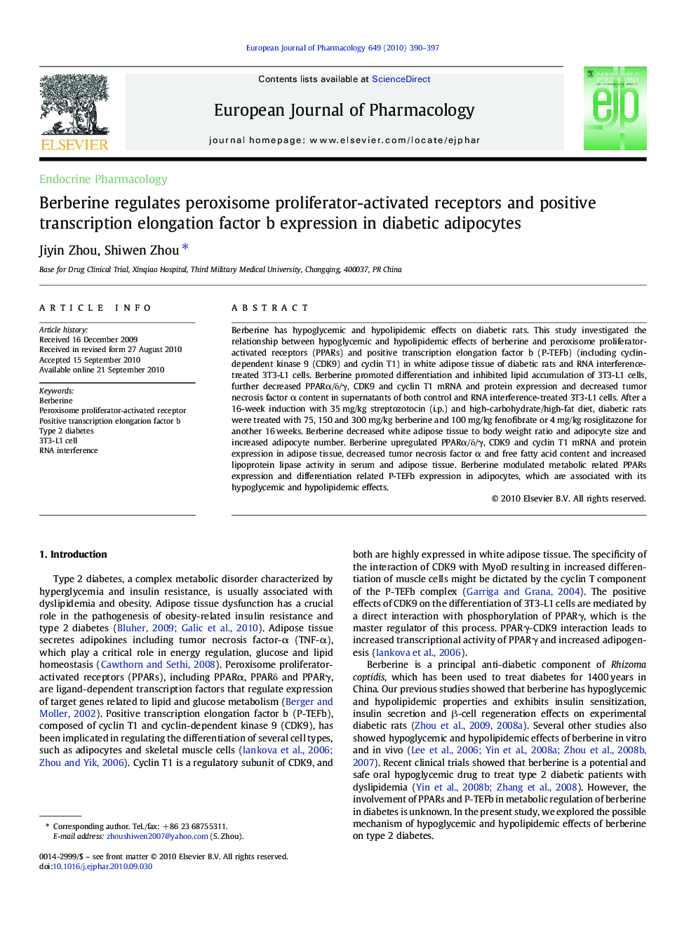 Berberine regulates peroxisome proliferator-activated receptors and positive transcription elongation factor b expression in diabetic adipocytes