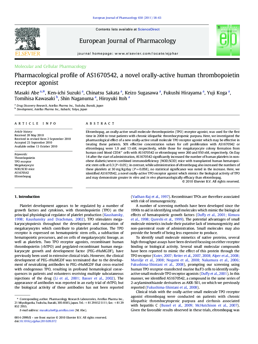 Pharmacological profile of AS1670542, a novel orally-active human thrombopoietin receptor agonist