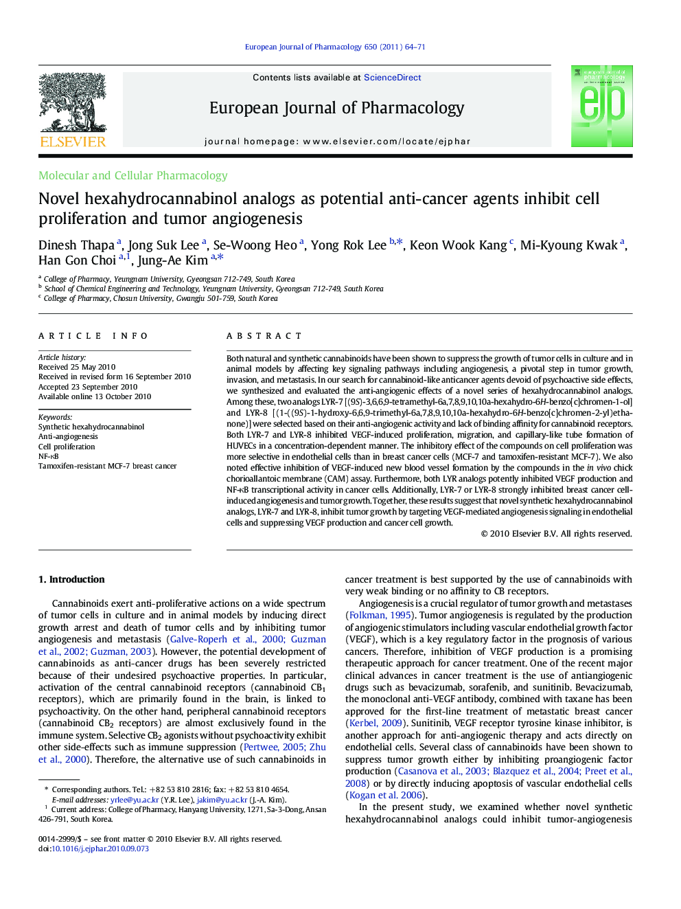 Novel hexahydrocannabinol analogs as potential anti-cancer agents inhibit cell proliferation and tumor angiogenesis