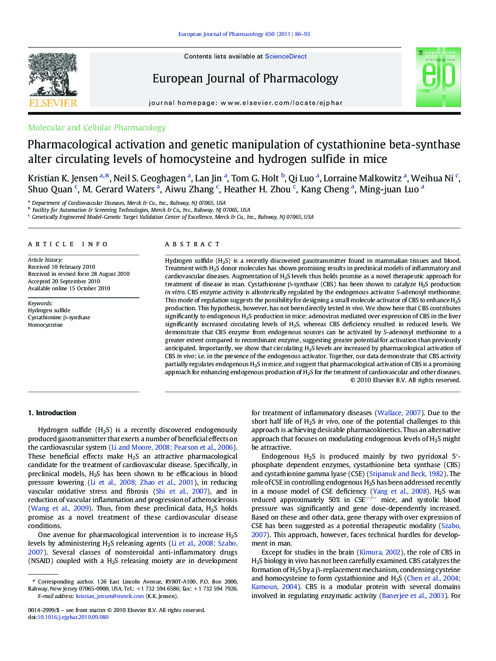 Pharmacological activation and genetic manipulation of cystathionine beta-synthase alter circulating levels of homocysteine and hydrogen sulfide in mice