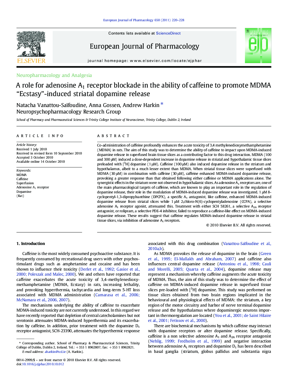 A role for adenosine A1 receptor blockade in the ability of caffeine to promote MDMA “Ecstasy”-induced striatal dopamine release